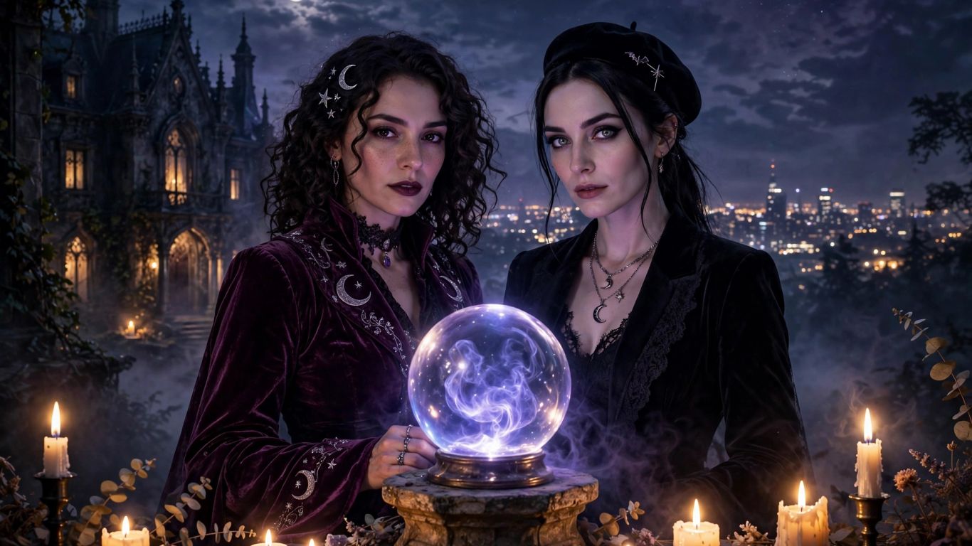 Two witches stand beside glowing candles beneath a moonlit sky.