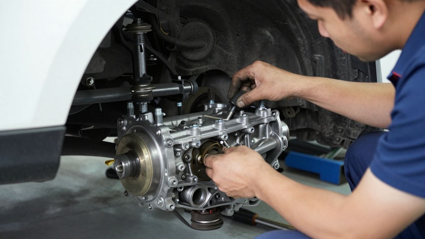 Underneath a car inspecting transmission mounts