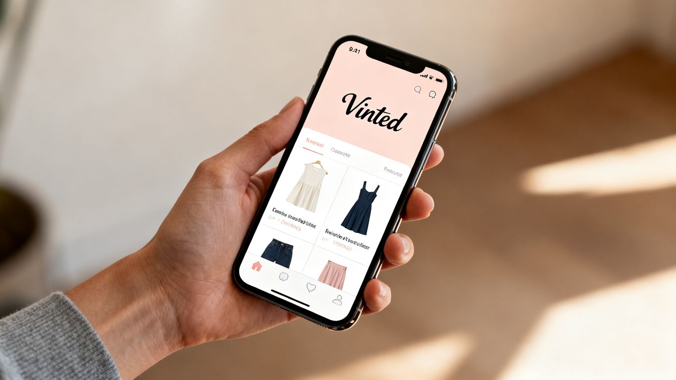 Vinted app on a smartphone with clothing items