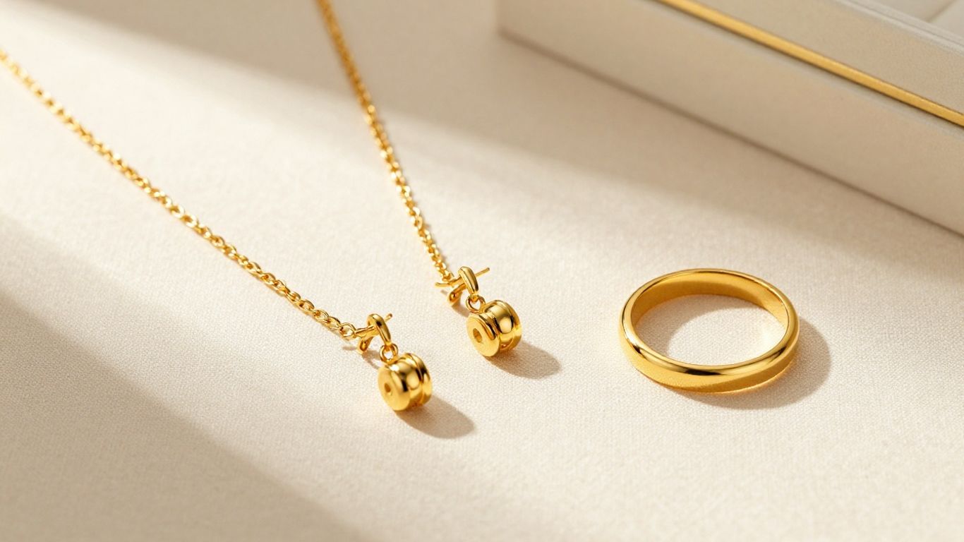 Gold necklace bracelet ring and earrings arranged elegantly