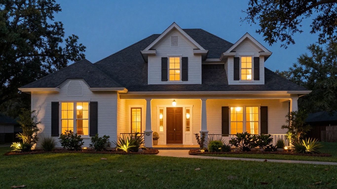 Georgetown home with permanent outdoor lighting at dusk.