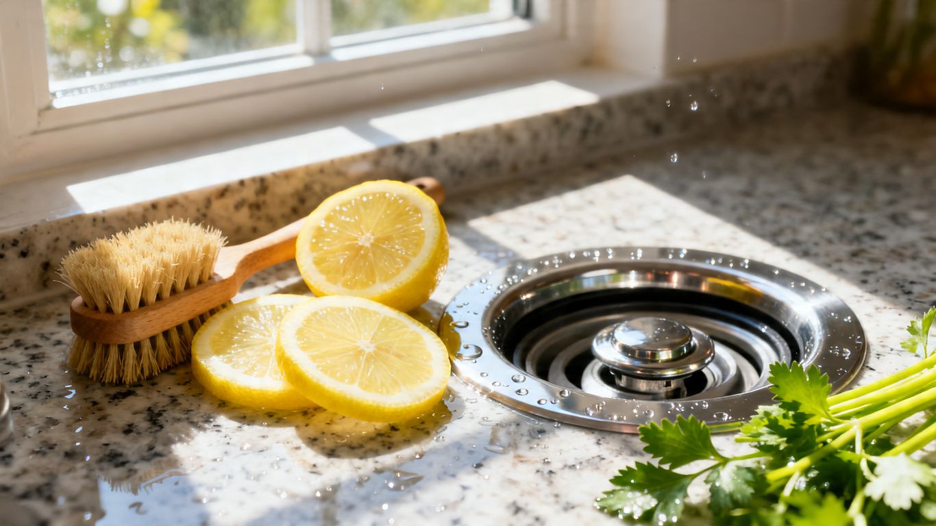 Clean garbage disposal with lemon and scrub brush.