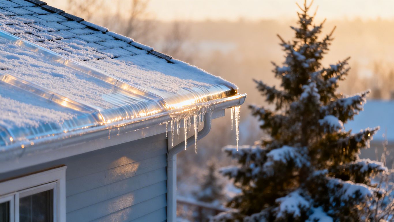 Snow-covered roof with protective coating in winter sunlight