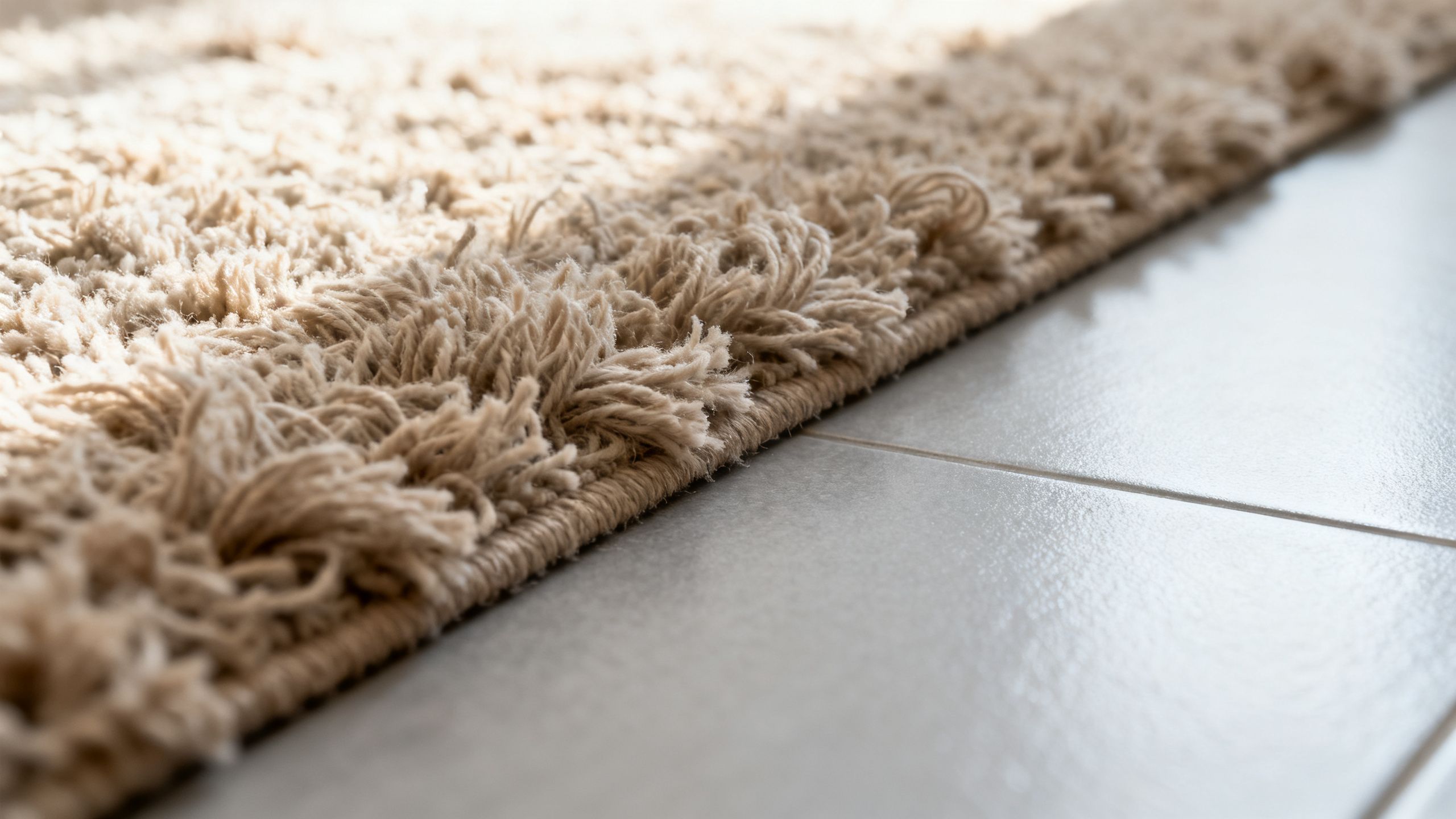 Detail of carpet pile beside a vinyl floor, illustrating the difference in texture, softness and surface finish
