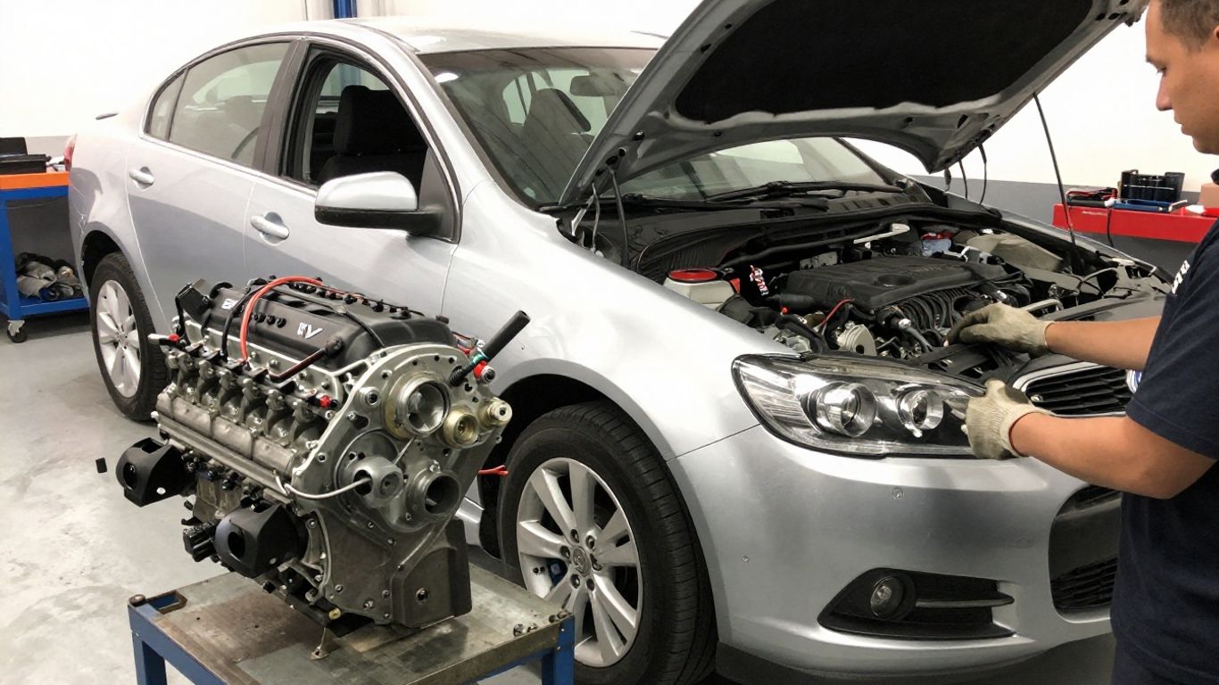 Holden Commodore replacement engine in workshop