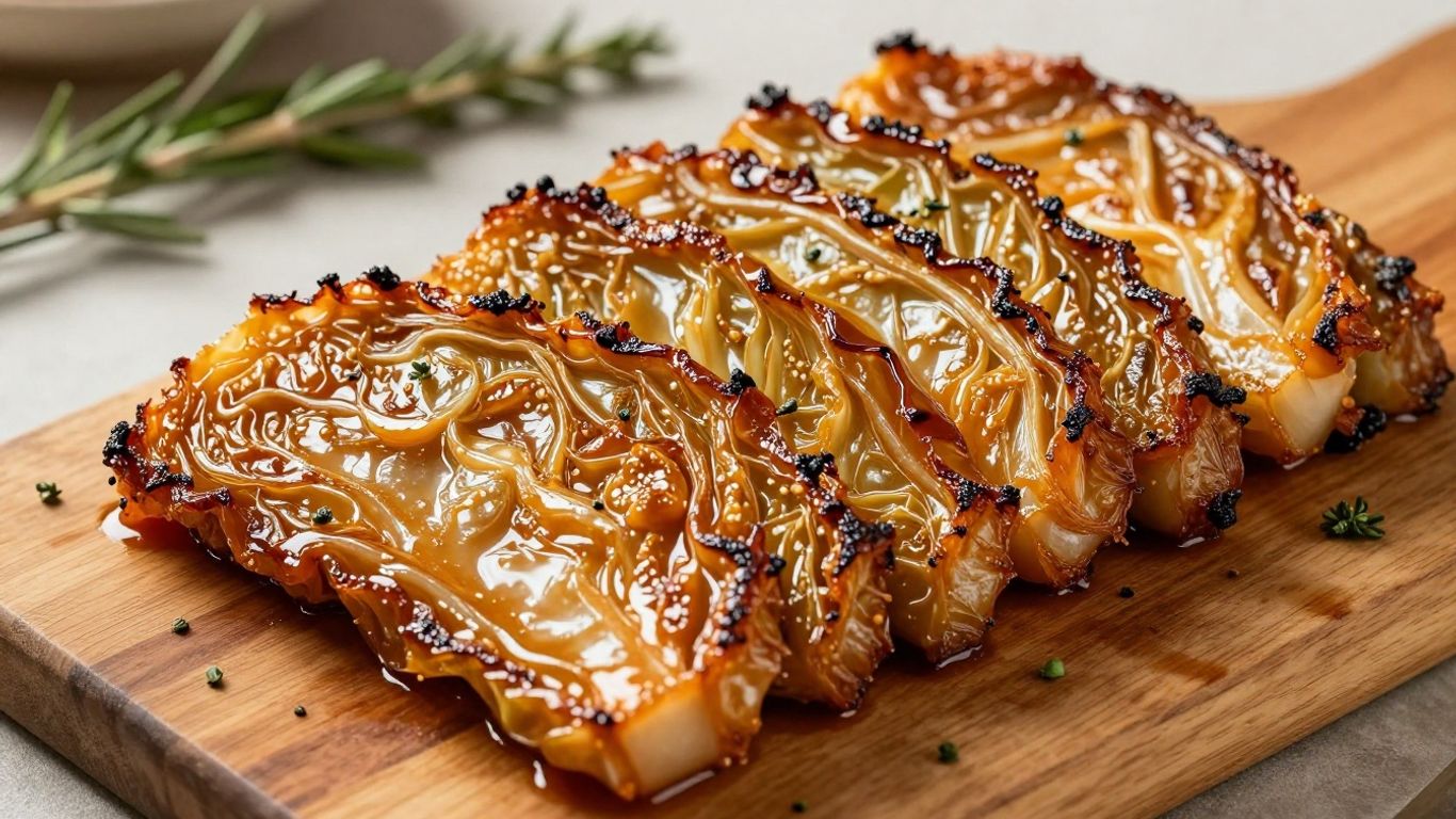 Caramelized cabbage steaks on a wooden board.