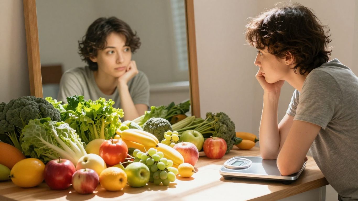 Person on scale with healthy food, balanced approach.