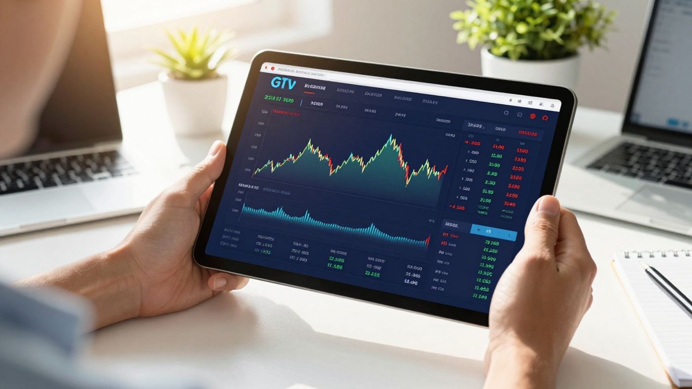 Person using a tablet with stock market data.