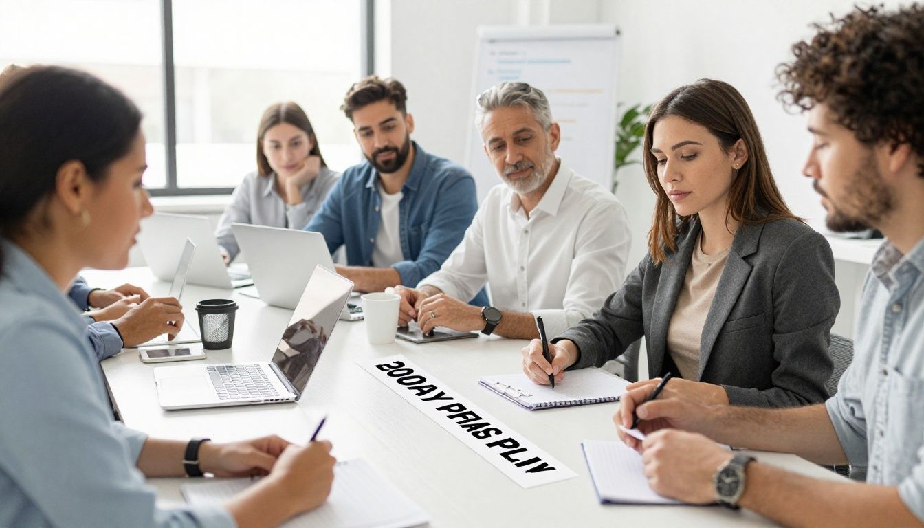 A diverse group of driven professionals reviewing a focused 90-day goals plan at a bright workspace, with a short priority list and a calm, intentional atmosphere