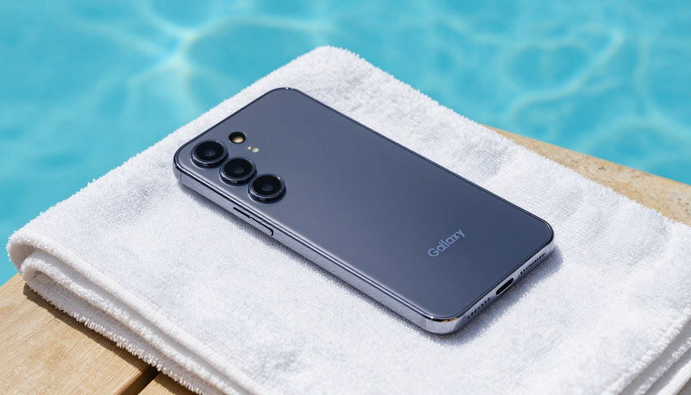 A person relaxing by a pool in Australia, their Galaxy S26 phone resting on a towel nearby