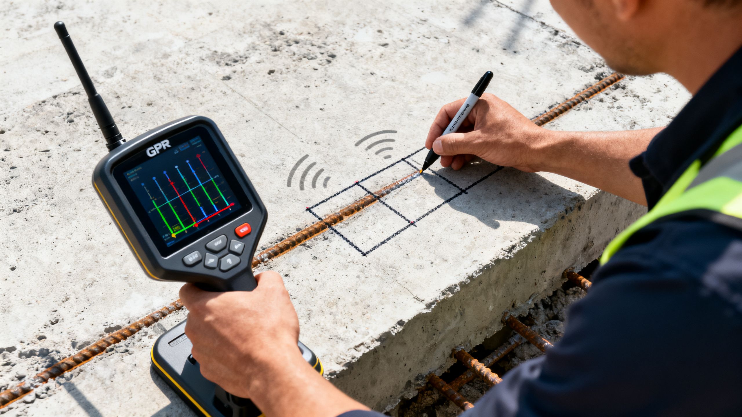 GPR scanner being used to mark rebar positions on a concrete slab