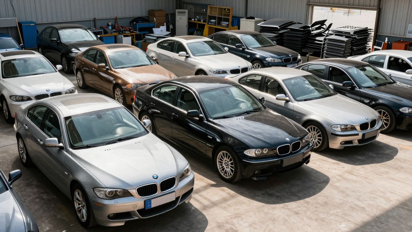 BMW wreckers yard with car parts and vehicles