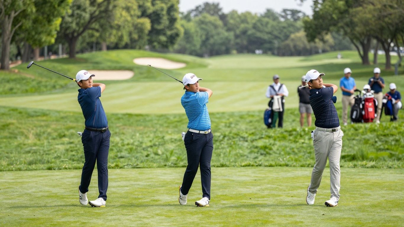 Three junior golfers playing on sunlit golf course