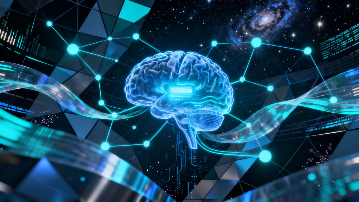 AI brain with glowing connections and data trails.