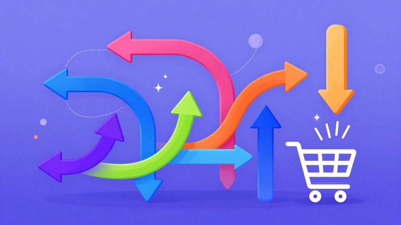 Digital marketing funnel illustration with arrows and shopping cart.
