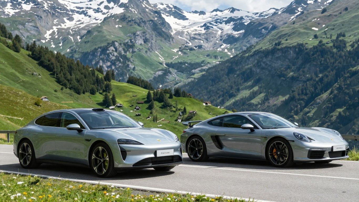 Elektroauto und Benziner auf Schweizer Bergstraße