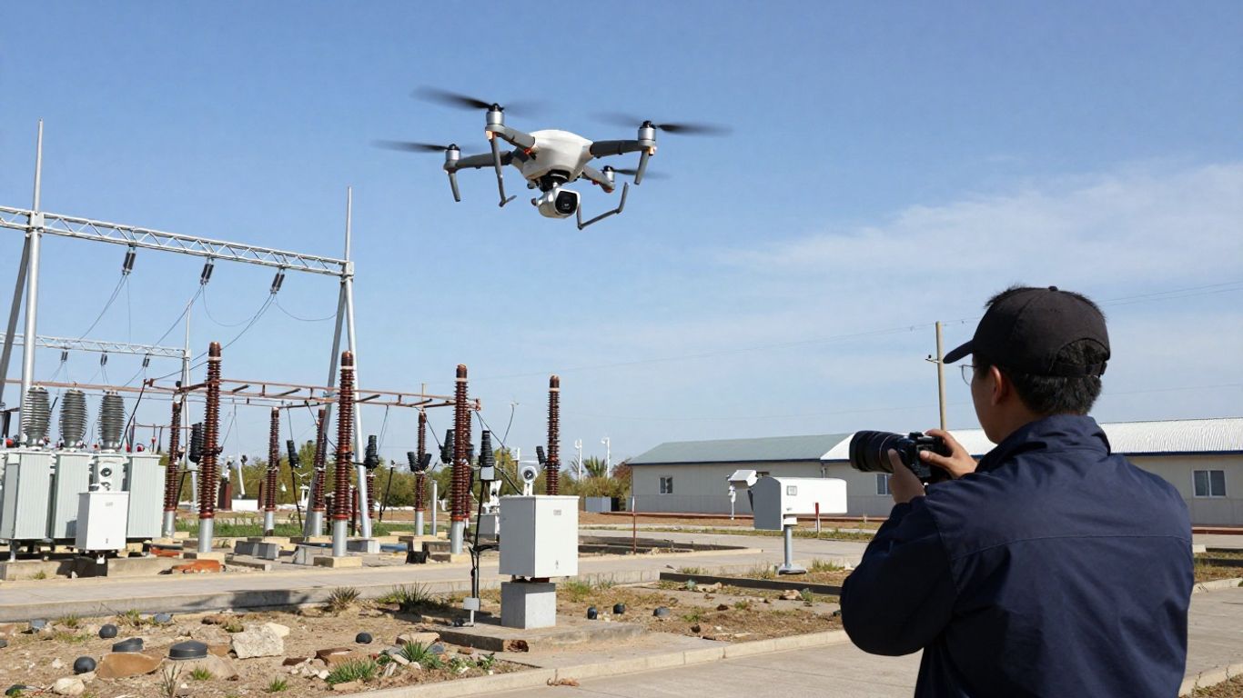 Drone inspecting utility substation thermal activity.
