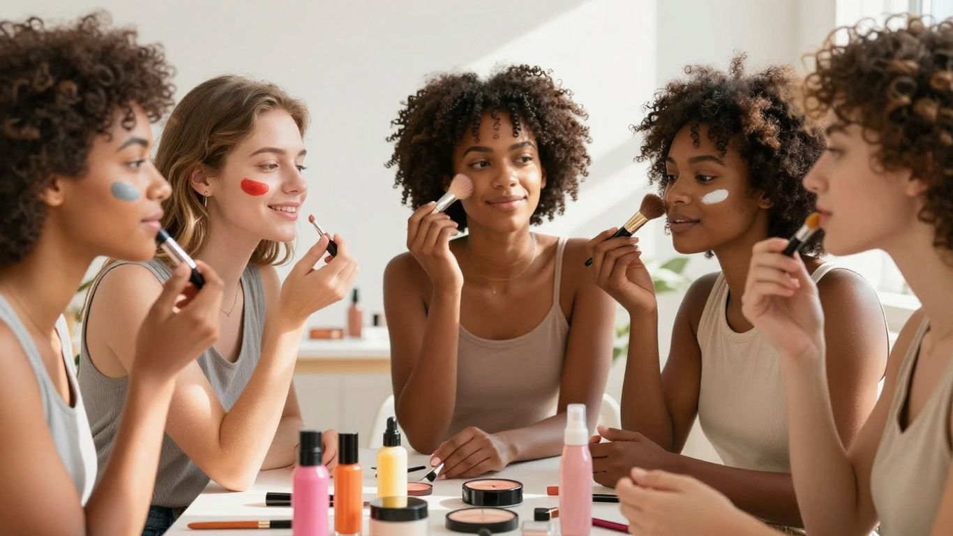Diverse individuals engaging with beauty products.