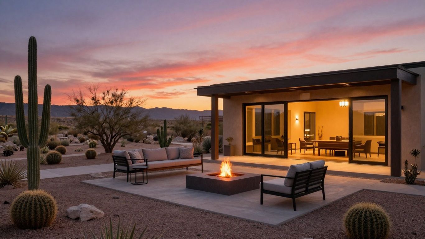 Sunroom addition and patio in a desert evening setting.