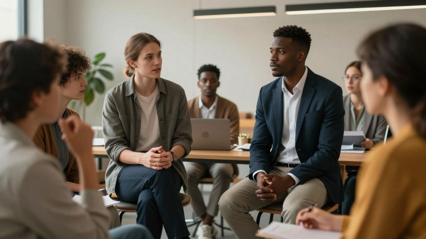 Colleagues practicing a cross-cultural workplace conversation