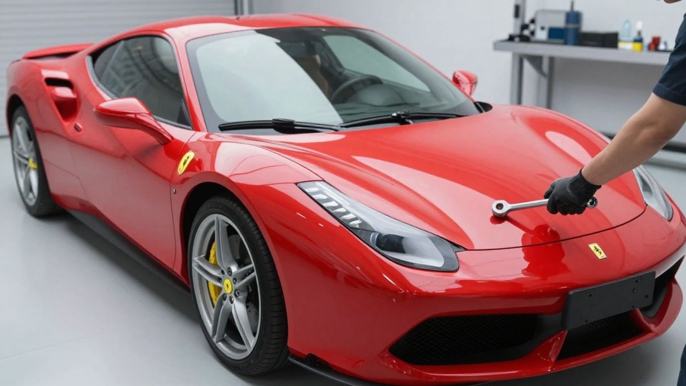 Red Ferrari sports car being repaired in a garage.