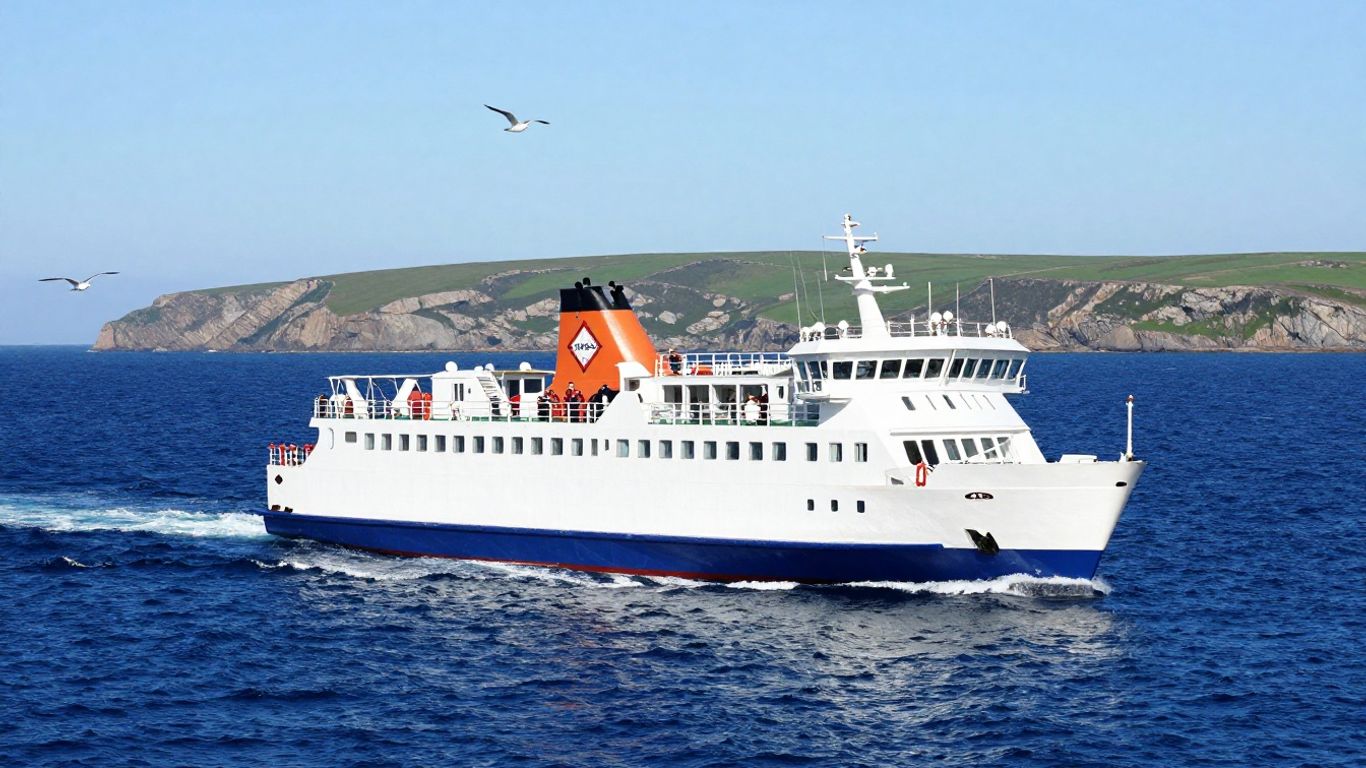 Ferry sailing on the sea towards the UK coast.