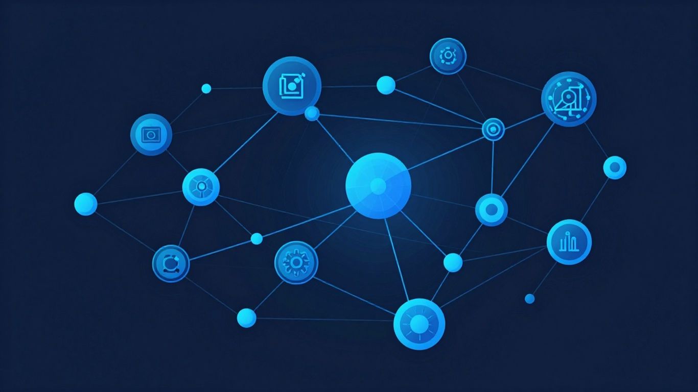 Abstract network nodes and connections, technical illustration.