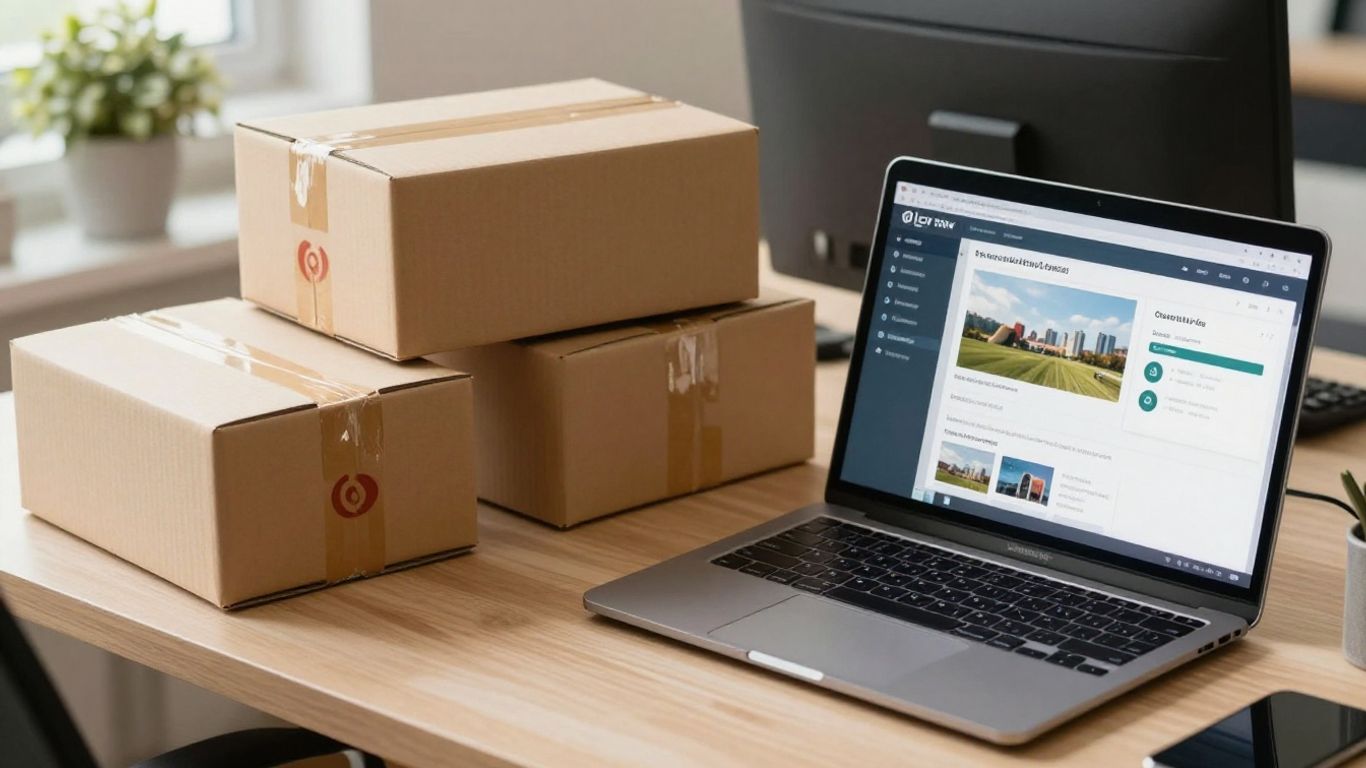 A workspace with a laptop and various shipping parcels