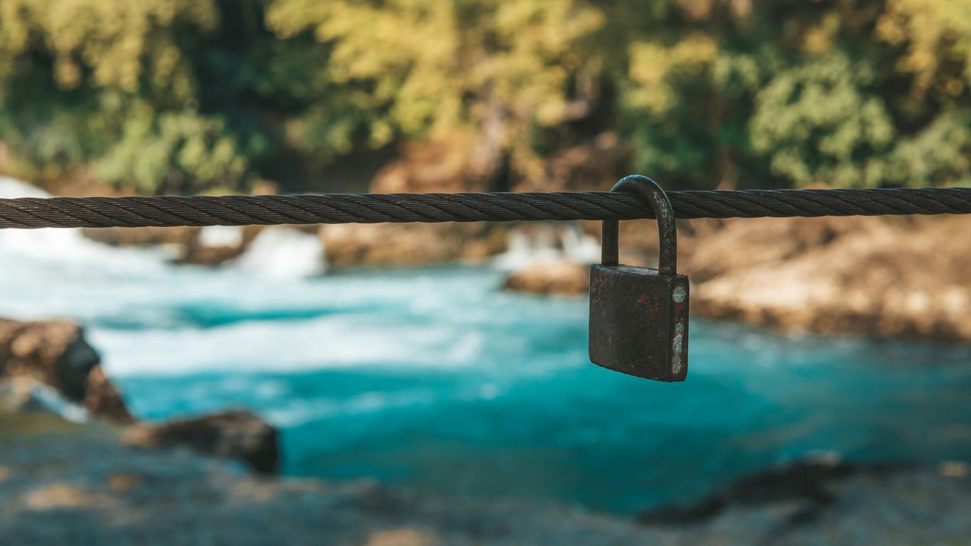 padlock on brown metal fence