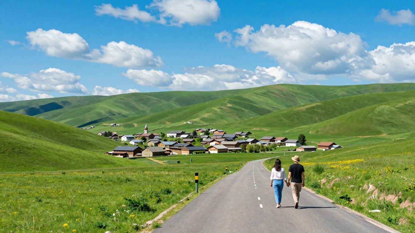 Peisaj montan cu un cuplu bucurându-se de natură.