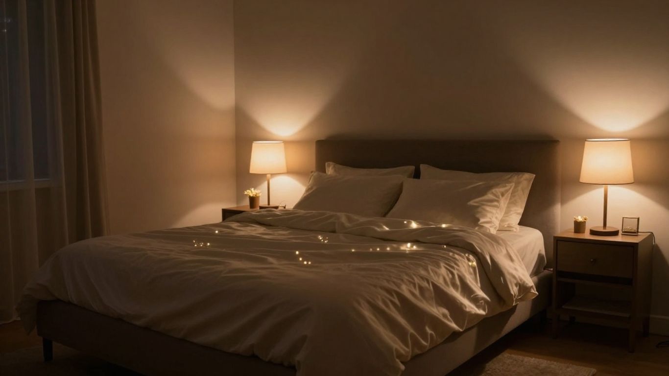 Romantic bedroom with soft, warm ambient lighting.