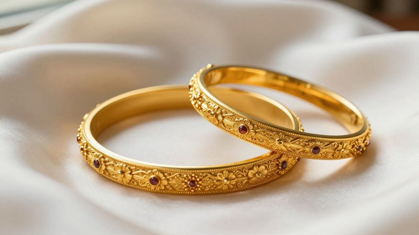 Close view of bridal gold bangles on silk
