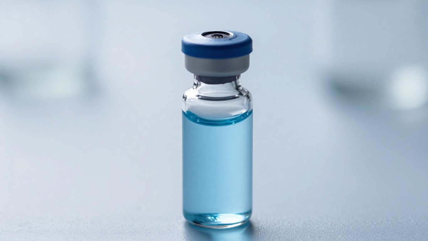 GHK-Cu peptide vial with blue liquid.