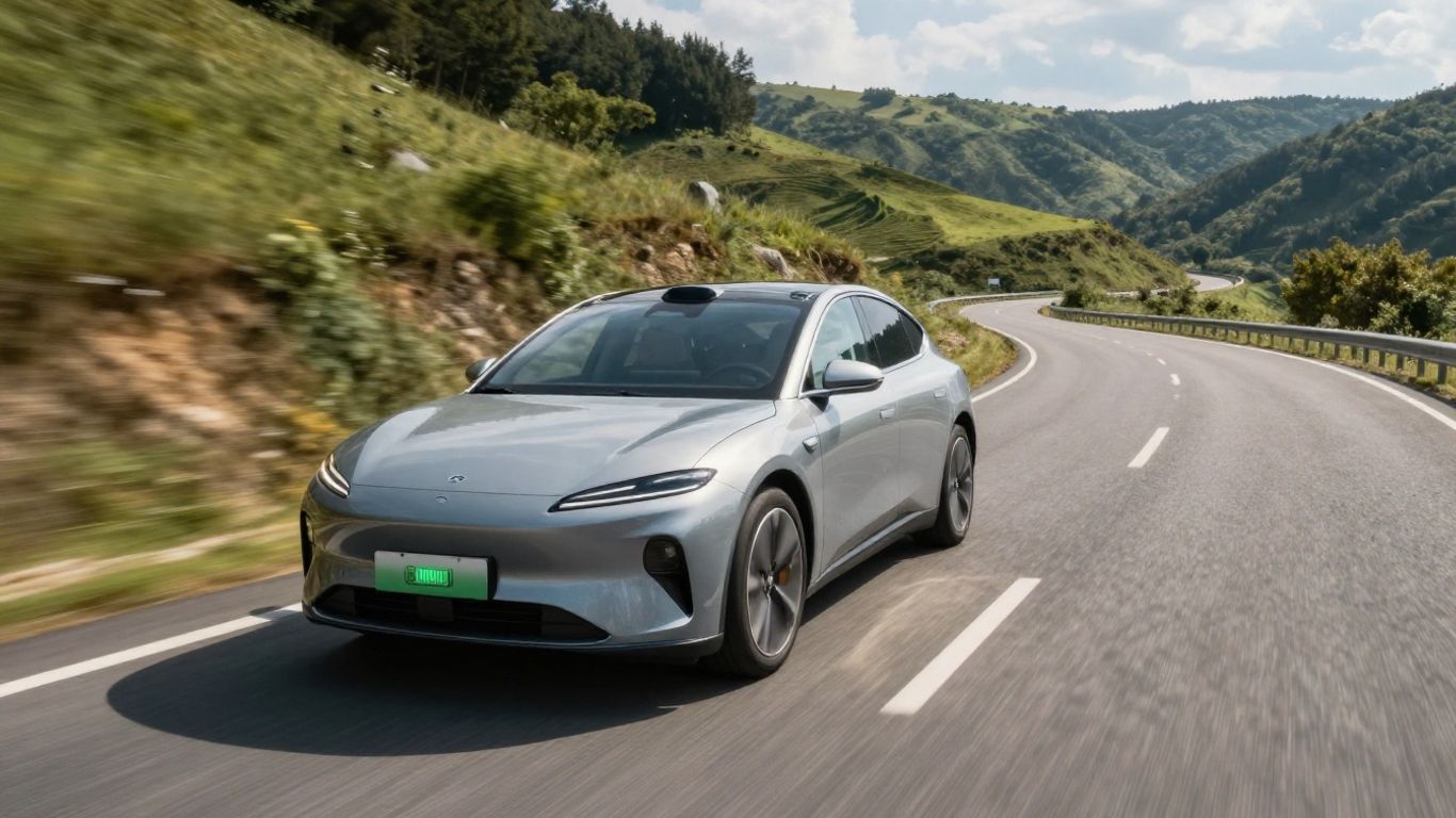 Elektroauto auf einer Straße mit wechselnder Landschaft