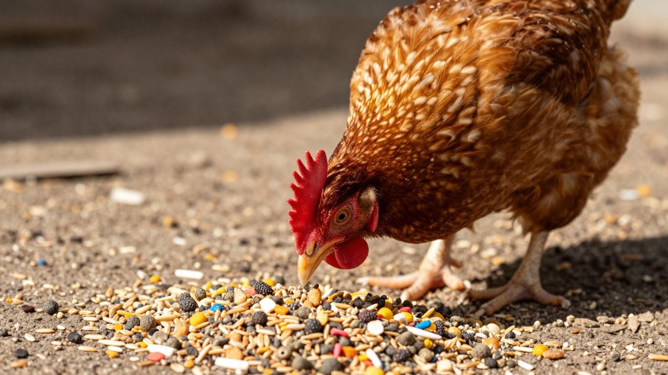 Kurczak jedzący smaczne ziarno i paszę.