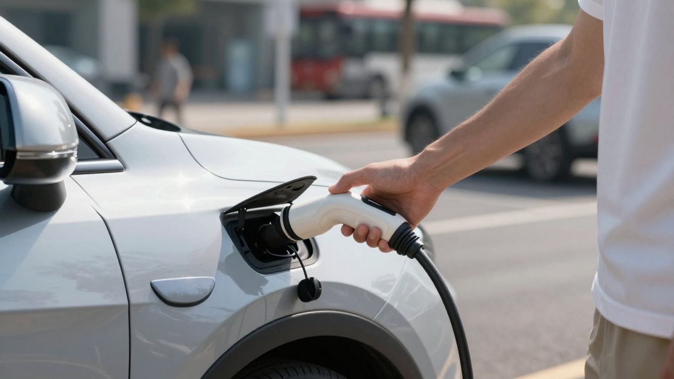 Elektroauto lädt an einer Ladestation im Freien.