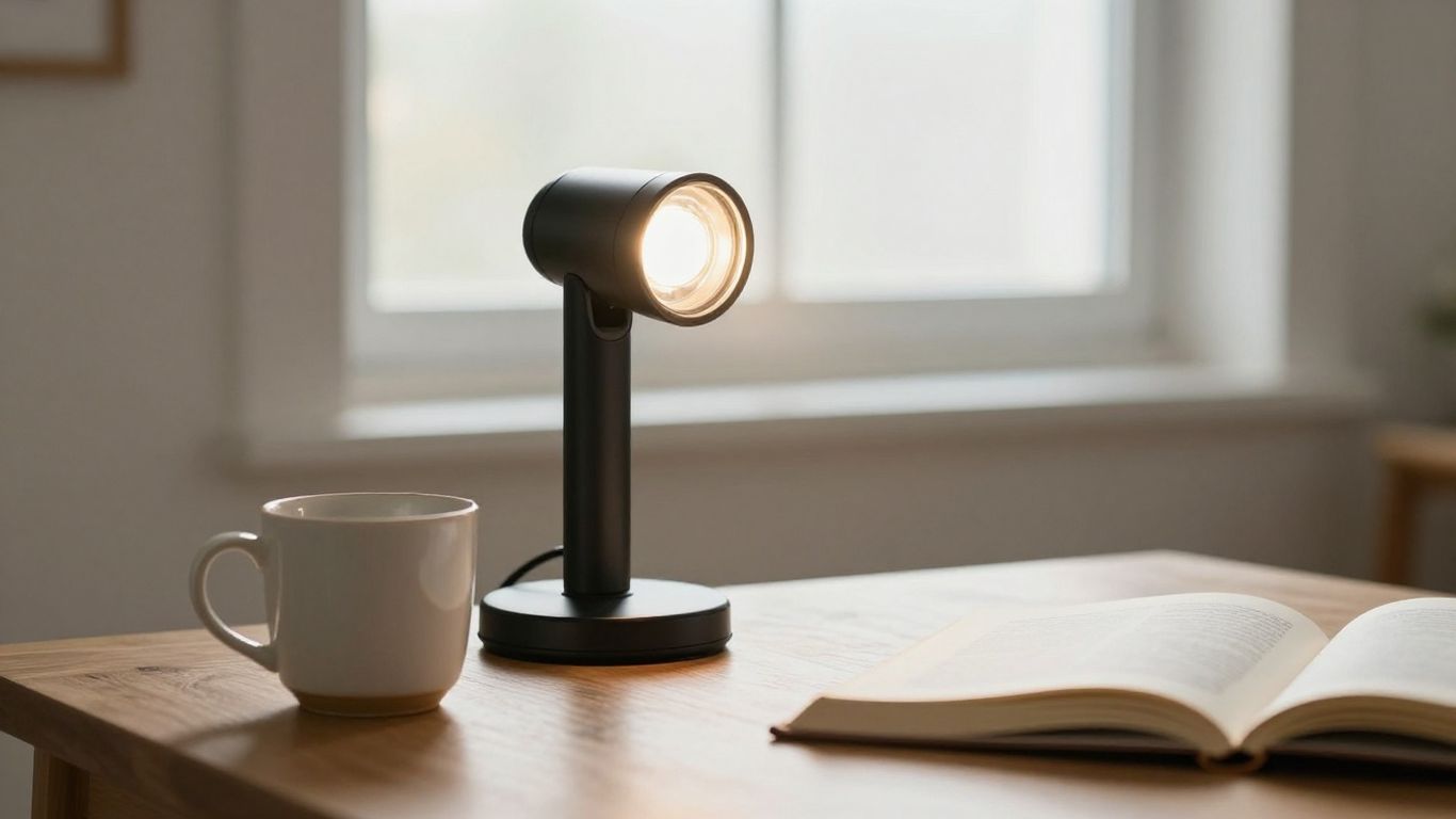 Tageslichtlampe auf einem Frühstückstisch am Morgen