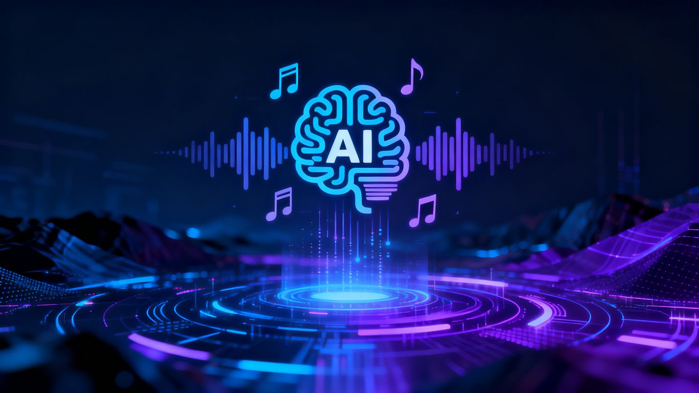 AI composing music with digital sound waves.
