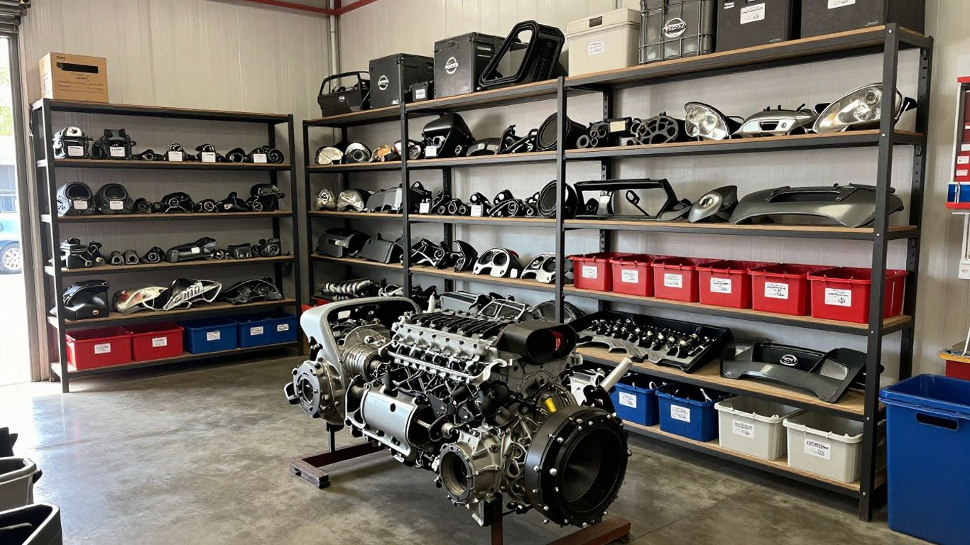 Used Nissan engines and parts in an organised workshop