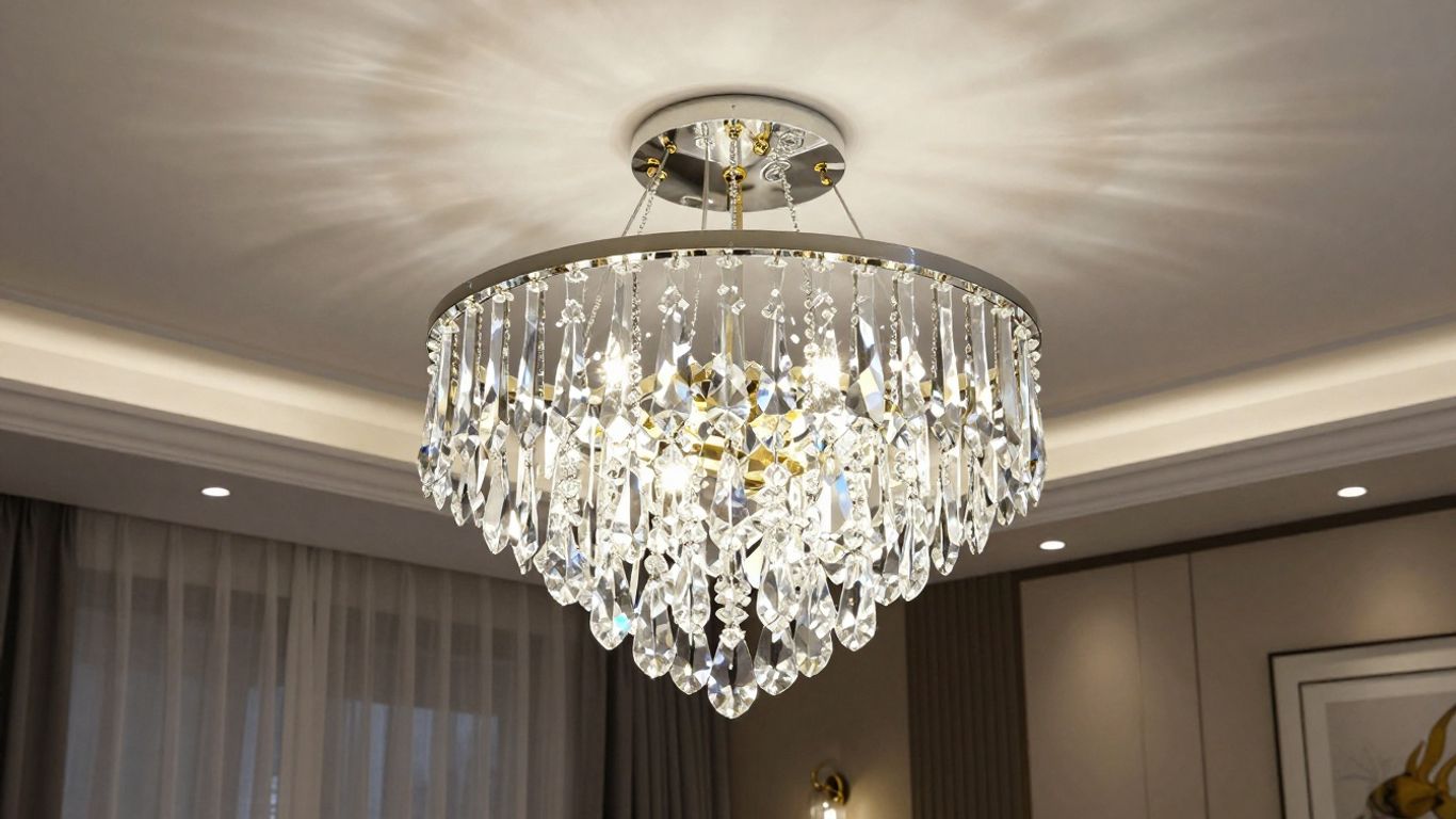 Elegant crystal pendant ceiling light illuminating a modern living room.