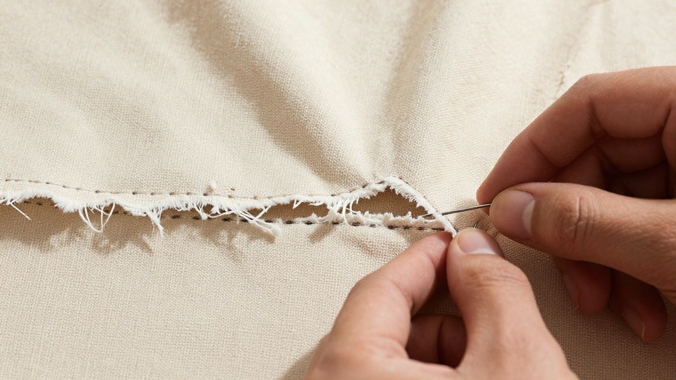 Close-up of a torn canvas awning with repair tools.