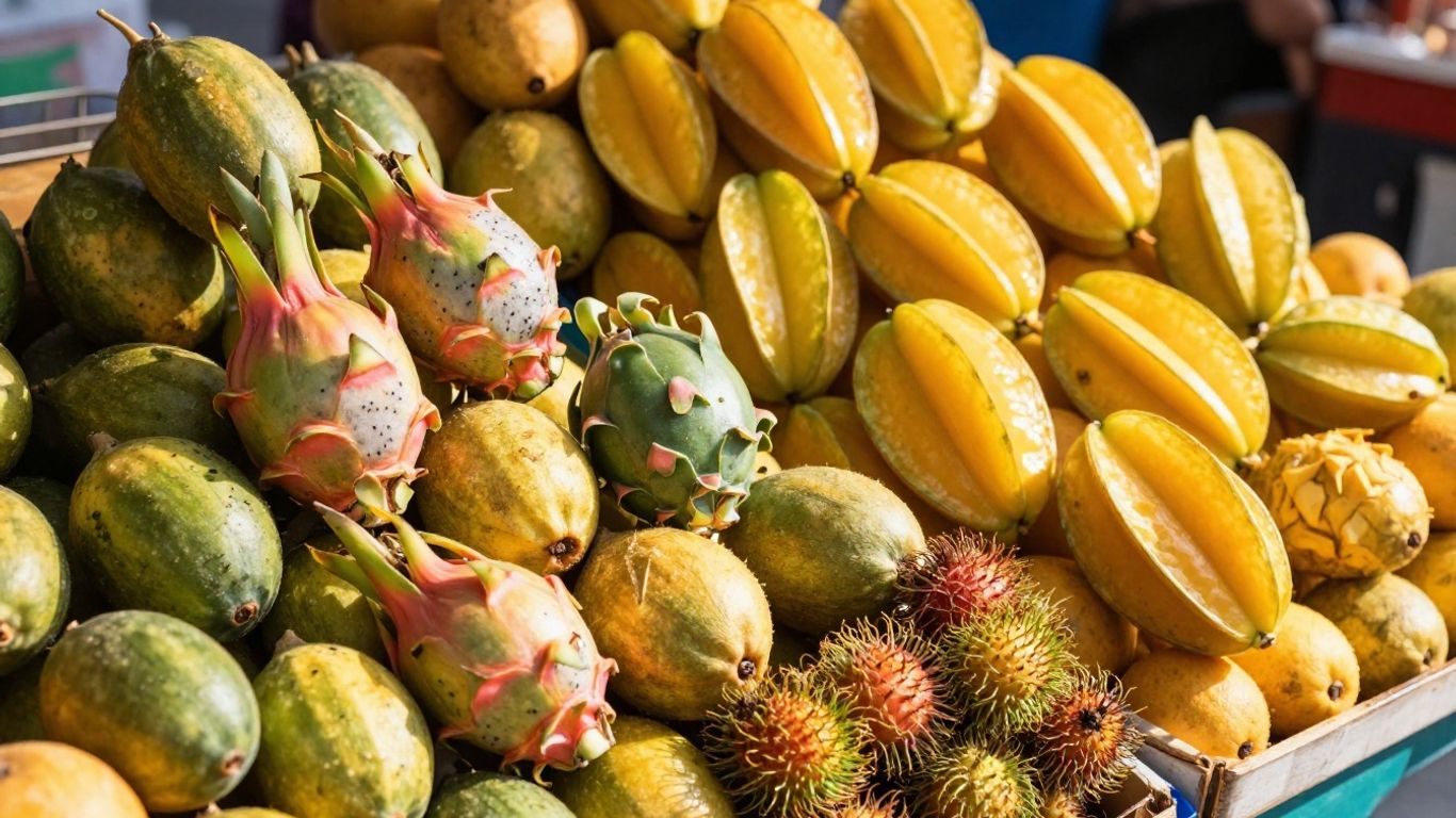 Colorful exotic fruits at a local market stall.