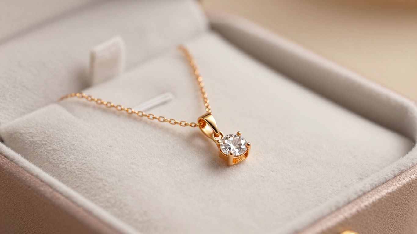 Elegant gold necklace with diamond pendant on velvet box.