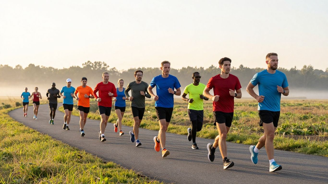 Runners training outdoors at sunrise for marathon preparation.