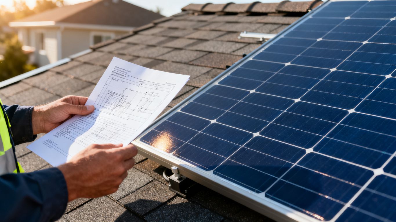 Fiche technique et panneau solaire sur un toit