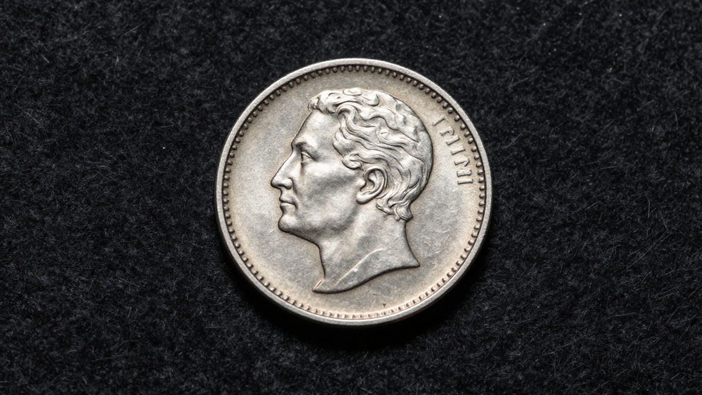 A closeup photographic image of a uniquely deformed metallic broadstrike coin