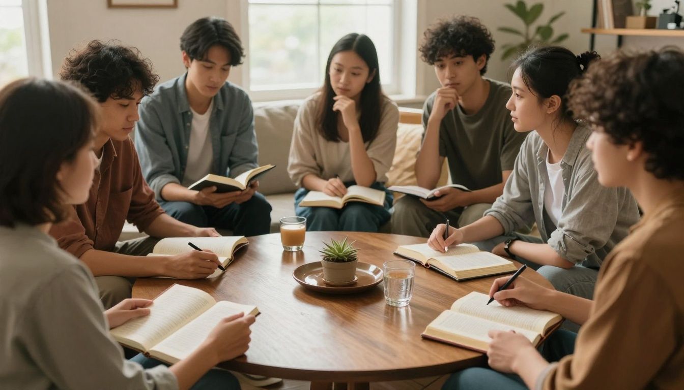 A diverse group of friends sitting around a coffee table in a sunlit, warm living room, with journals and open Bibles, reflecting a sense of peaceful, earnest conversation and thoughtful reflection.