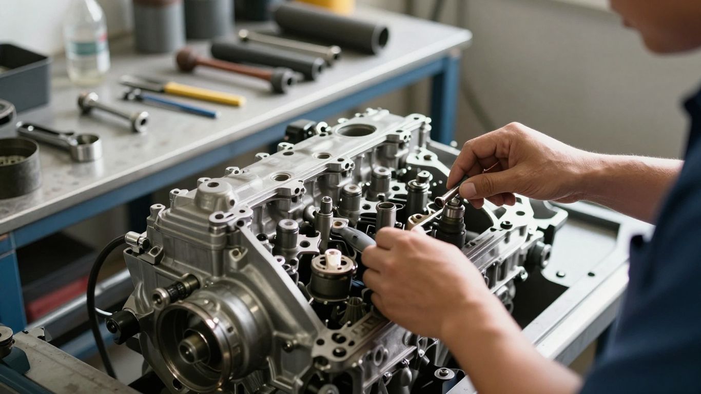 Mechanic inspecting a car engine in a workshop.