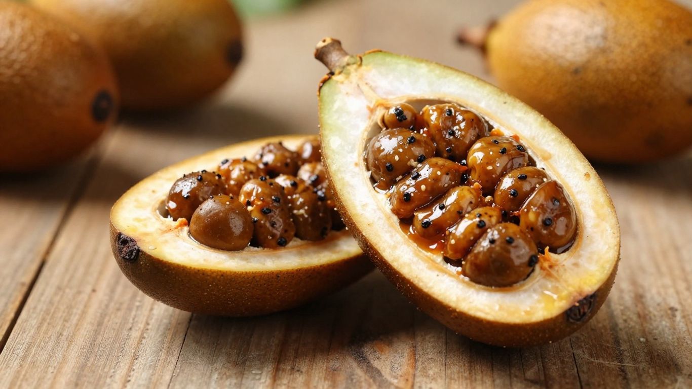 Ripe sapota fruit, sliced and whole, on a wooden surface.