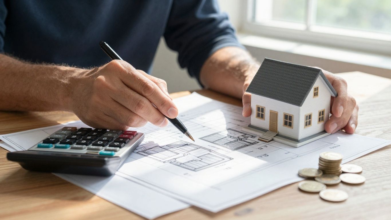 Homeowner calculating home equity with coins and calculator.